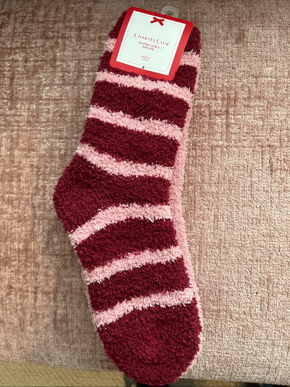 Charter Club Women’s Set of Two Plush Burgundy & Pink Striped Socks